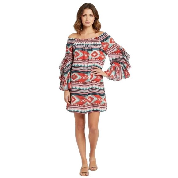 Rachel Kate Dresses & Skirts - Rachel Kate Women's Aztec Print Ruffled Sleeve‎ Dress Red/Blue/Multi Size Medium